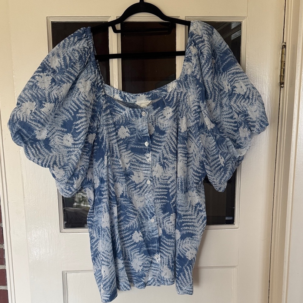 Blue Fern Print Puff-Sleeve Women’s Top